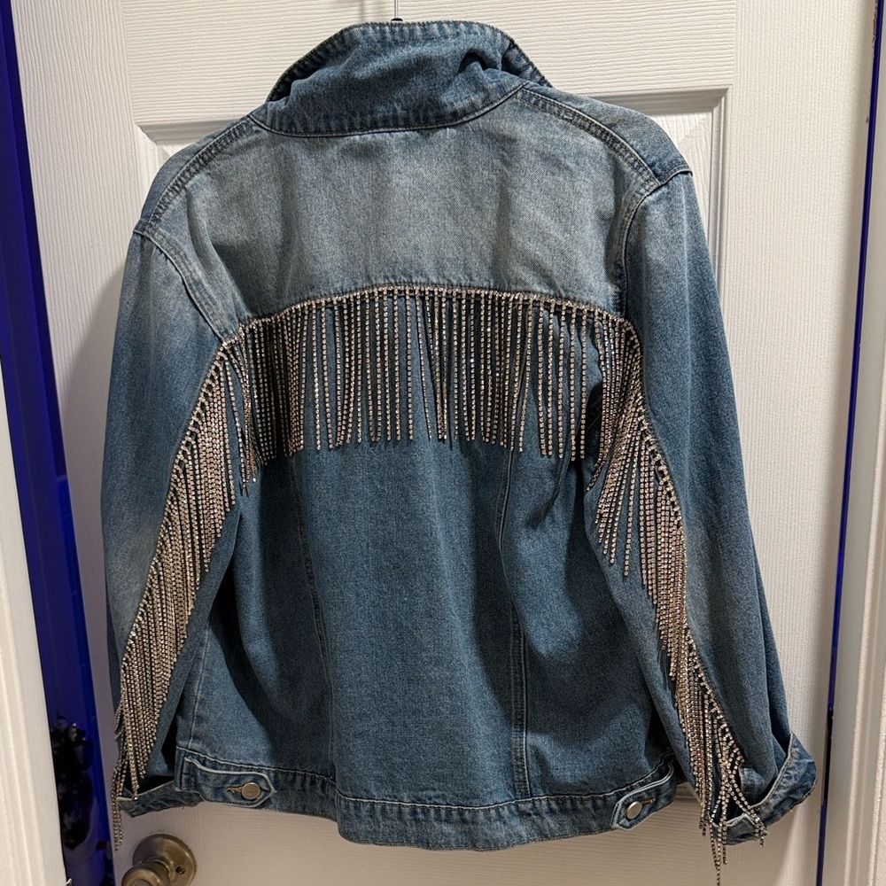 Andrée by Unit Denim Jacket with Rhinestone fringe on back and arms